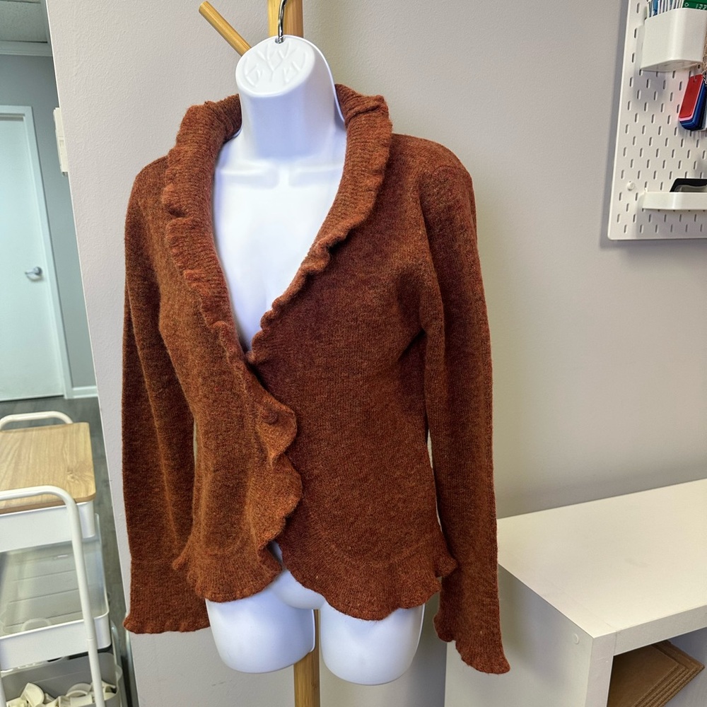 Jillian Jones Wool Blend Rust Ruffled Cardigan Size Medium